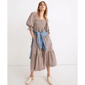Madewell Lucie Elbow-Sleeve Smocked Midi Dress in Gingham